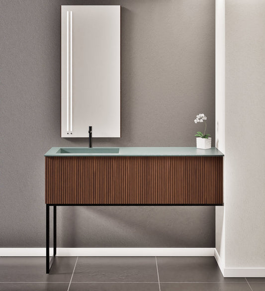 Fluvia – Corian® Countertop & Basin with 1 Drawer and Inner Pull-Out, Right Side Wall-Mounted with Support Legs - ROVALUX