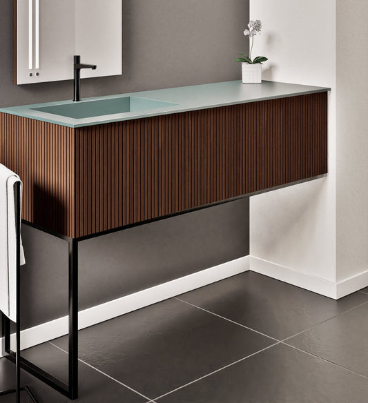 Fluvia – Corian® Countertop & Basin with 1 Drawer and Inner Pull-Out, Right Side Wall-Mounted with Support Legs - ROVALUX
