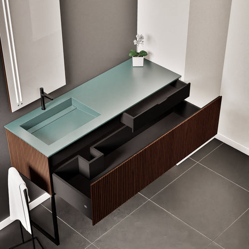 Fluvia – Corian® Countertop & Basin with 1 Drawer and Inner Pull-Out, Right Side Wall-Mounted with Support Legs - ROVALUX