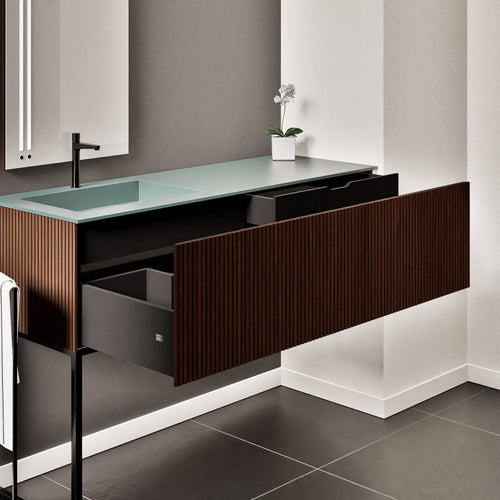 Fluvia – Corian® Countertop & Basin with 1 Drawer and Inner Pull-Out, Right Side Wall-Mounted with Support Legs - ROVALUX