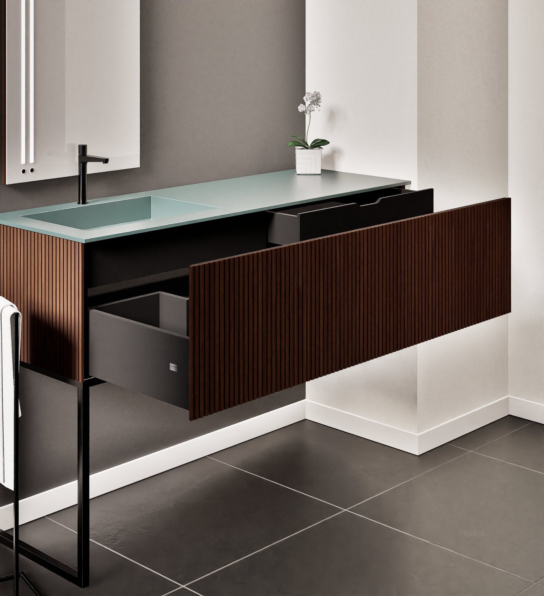 Fluvia – Corian® Countertop & Basin with 1 Drawer and Inner Pull-Out, Right Side Wall-Mounted with Support Legs - ROVALUX