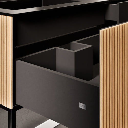 Fluvia – Corian® Countertop & Basin with 1 Drawer and Inner Pull-Out, Right Side Wall-Mounted with Support Legs - ROVALUX