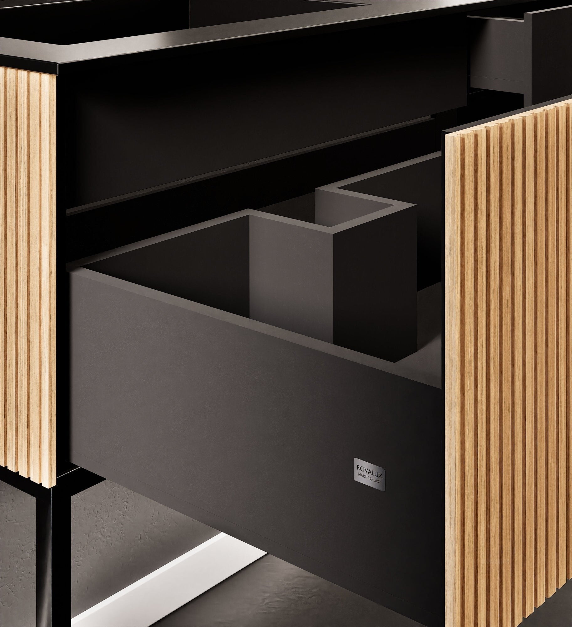 Fluvia – Corian® Countertop & Basin with 1 Drawer and Inner Pull-Out, Right Side Wall-Mounted with Support Legs - ROVALUX