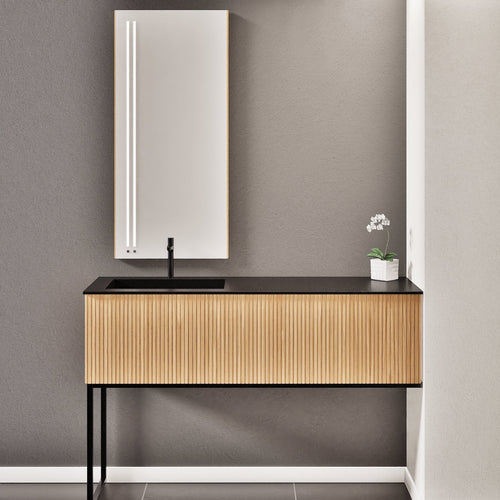 Fluvia – Corian® Countertop & Basin with 1 Drawer and Inner Pull-Out, Right Side Wall-Mounted with Support Legs - ROVALUX
