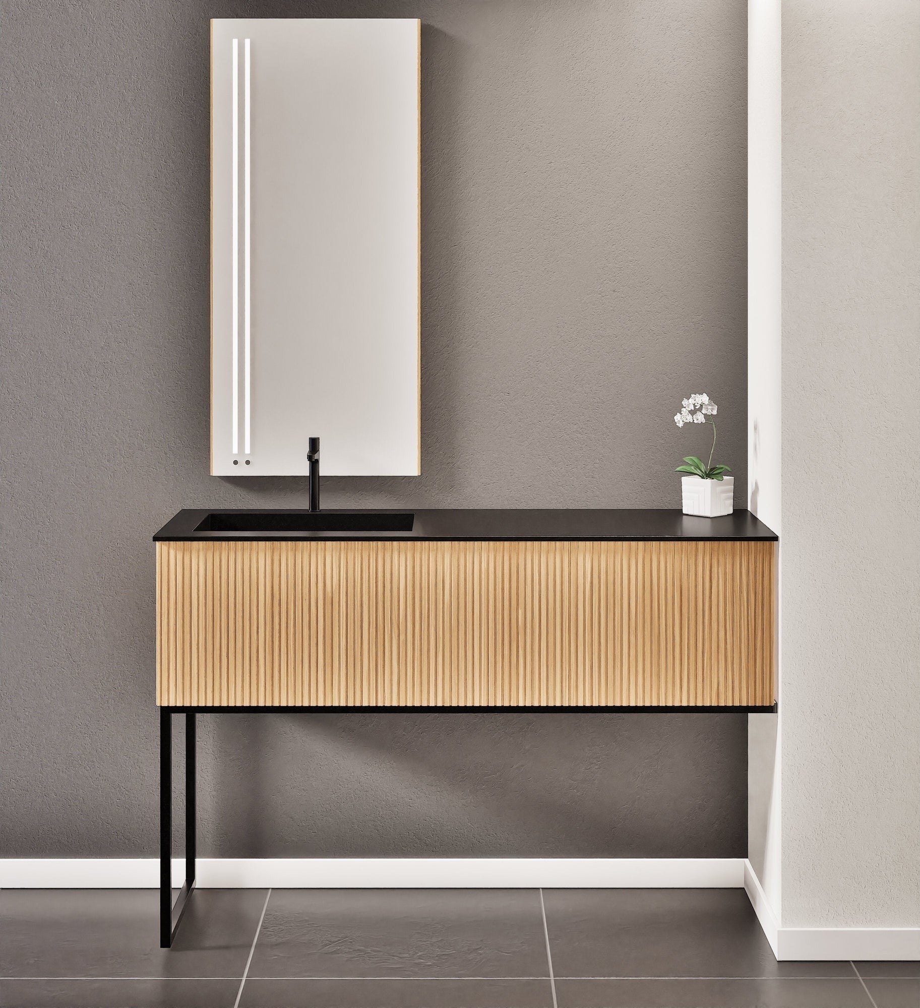Fluvia – Corian® Countertop & Basin with 1 Drawer and Inner Pull-Out, Right Side Wall-Mounted with Support Legs - ROVALUX