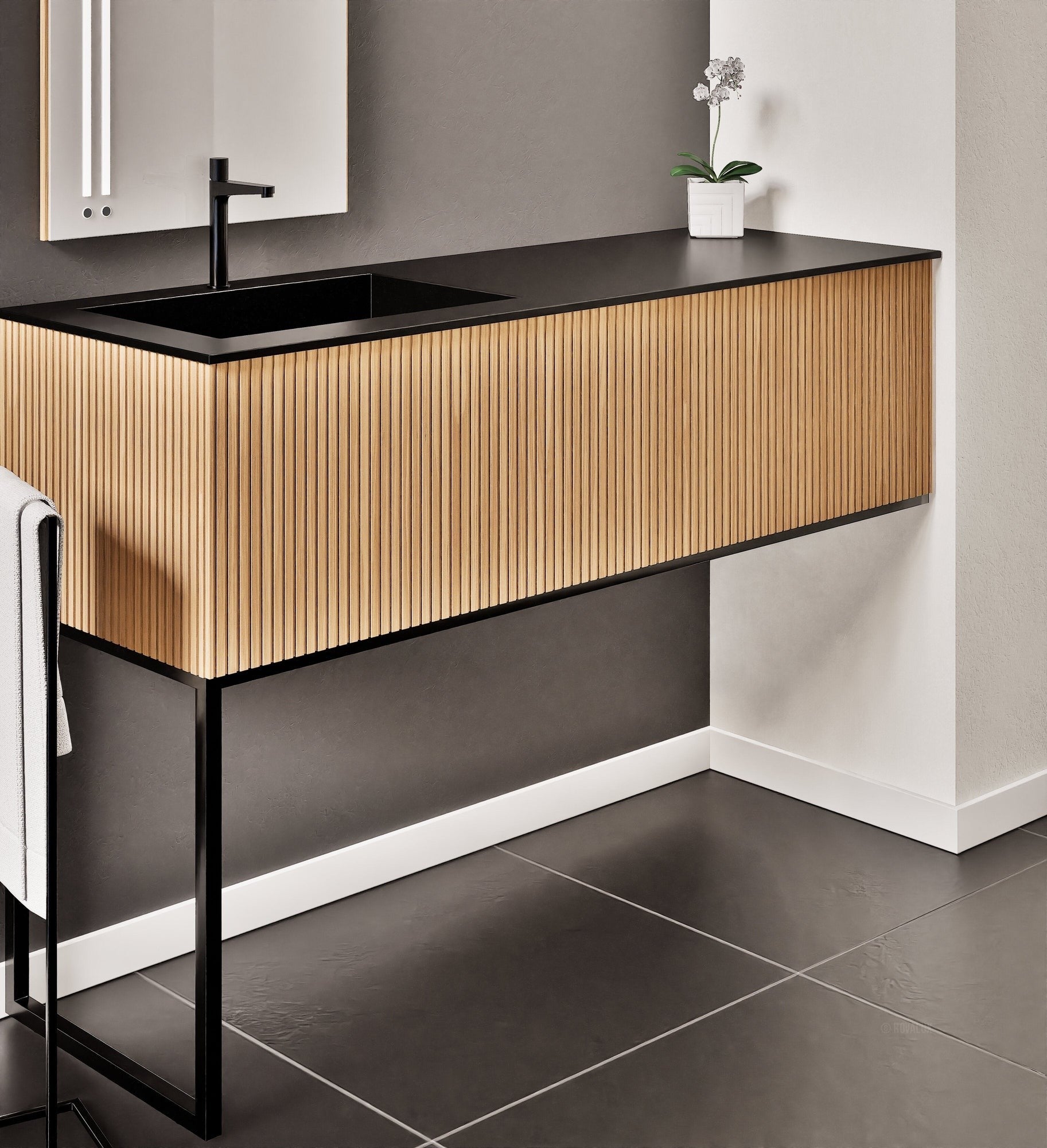 Fluvia – Corian® Countertop & Basin with 1 Drawer and Inner Pull-Out, Right Side Wall-Mounted with Support Legs - ROVALUX