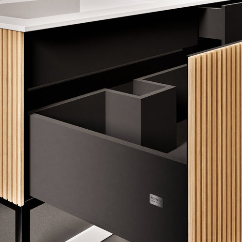 Fluvia – Corian® Countertop & Basin with 1 Drawer and Inner Pull-Out, Right Side Wall-Mounted with Support Legs - ROVALUX