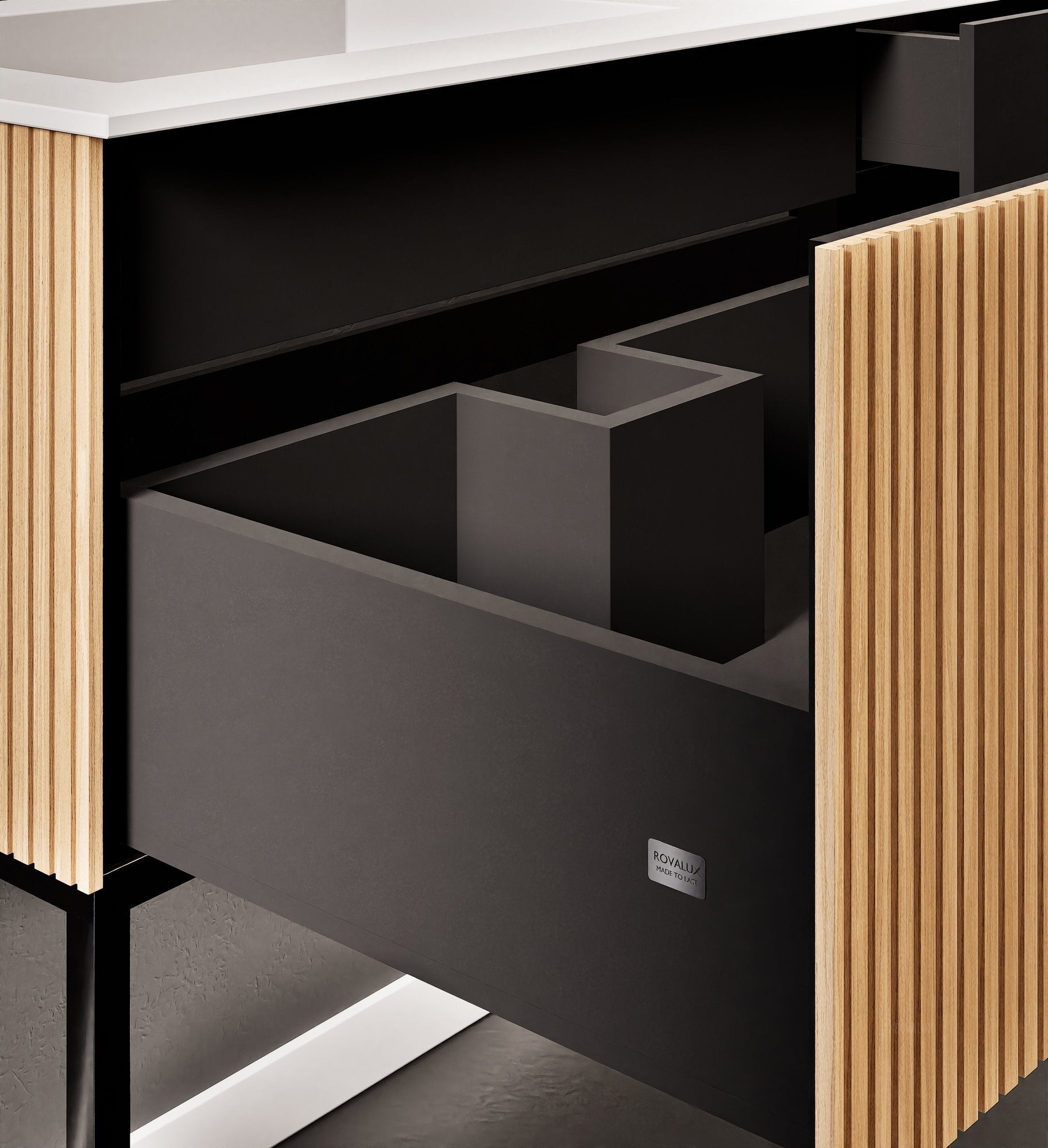 Fluvia – Corian® Countertop & Basin with 1 Drawer and Inner Pull-Out, Right Side Wall-Mounted with Support Legs - ROVALUX