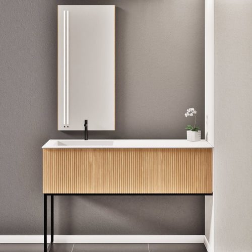 Fluvia – Corian® Countertop & Basin with 1 Drawer and Inner Pull-Out, Right Side Wall-Mounted with Support Legs - ROVALUX