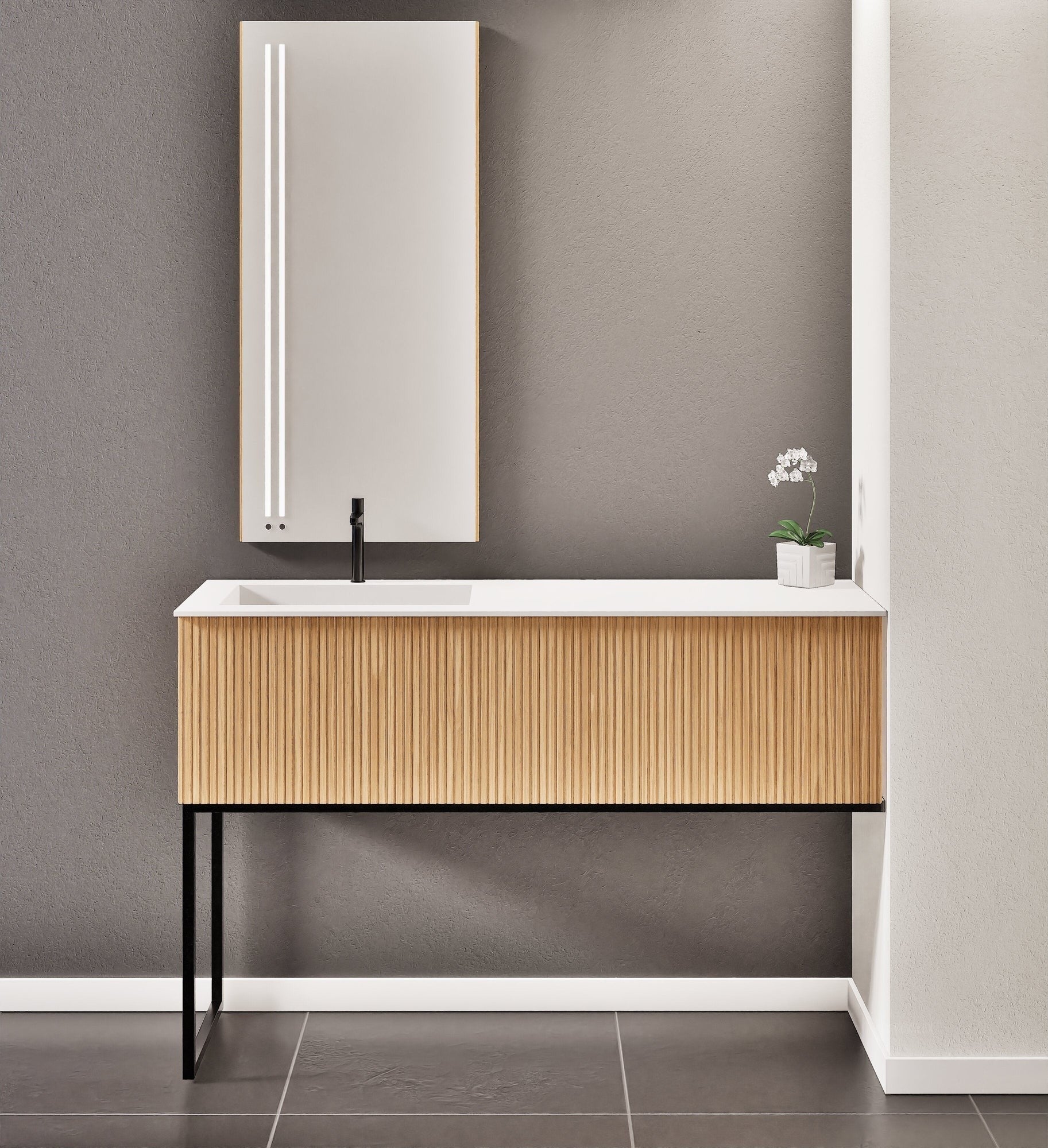 Fluvia – Corian® Countertop & Basin with 1 Drawer and Inner Pull-Out, Right Side Wall-Mounted with Support Legs - ROVALUX