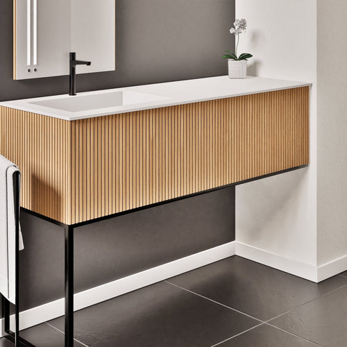 Fluvia – Corian® Countertop & Basin with 1 Drawer and Inner Pull-Out, Right Side Wall-Mounted with Support Legs - ROVALUX