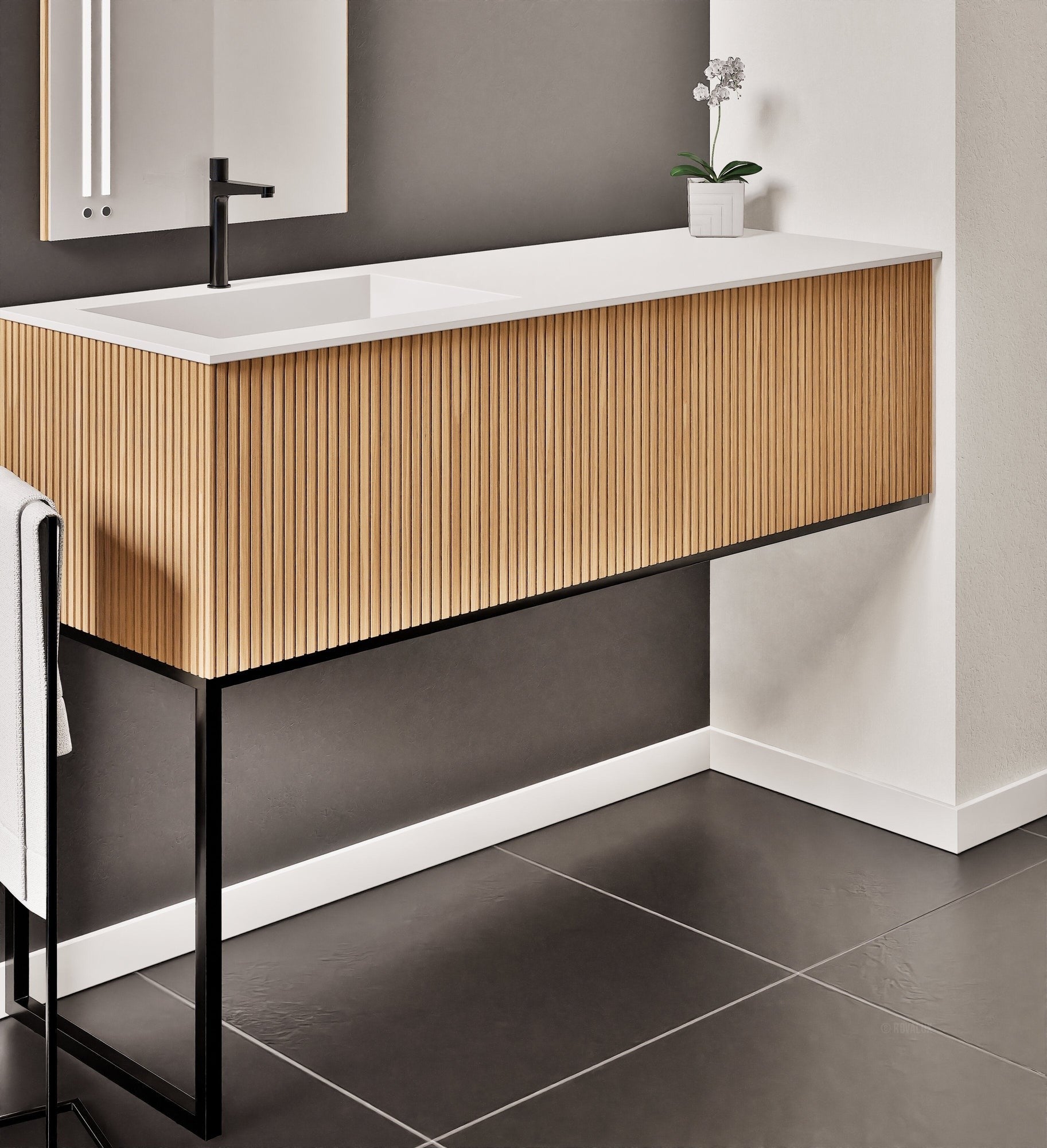Fluvia – Corian® Countertop & Basin with 1 Drawer and Inner Pull-Out, Right Side Wall-Mounted with Support Legs - ROVALUX