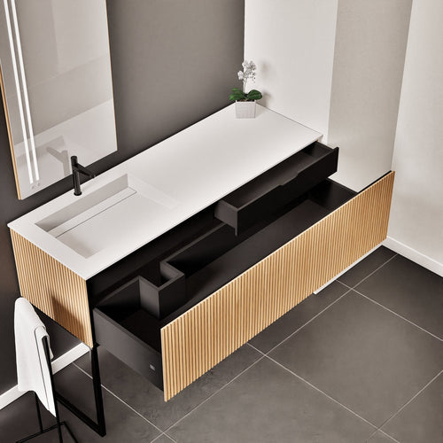 Fluvia – Corian® Countertop & Basin with 1 Drawer and Inner Pull-Out, Right Side Wall-Mounted with Support Legs - ROVALUX