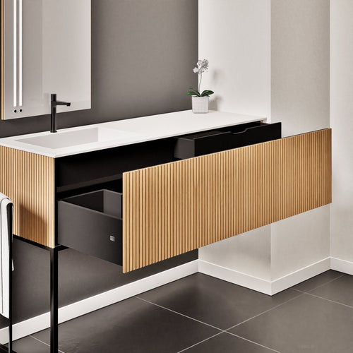 Fluvia – Corian® Countertop & Basin with 1 Drawer and Inner Pull-Out, Right Side Wall-Mounted with Support Legs - ROVALUX