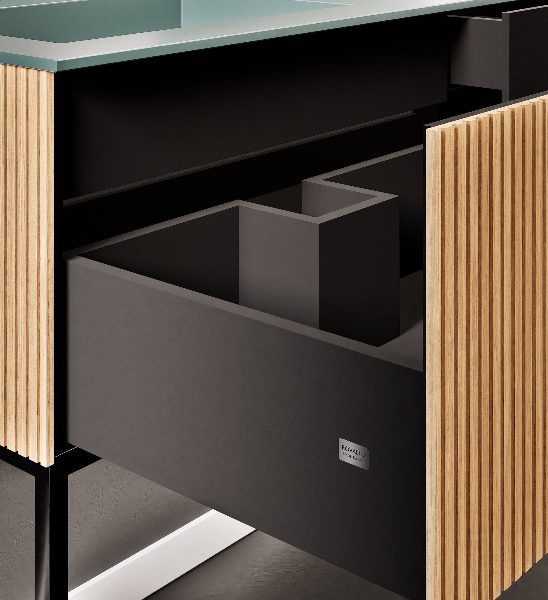 Fluvia – Corian® Countertop & Basin with 1 Drawer and Inner Pull-Out, Right Side Wall-Mounted with Support Legs - ROVALUX