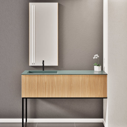 Fluvia – Corian® Countertop & Basin with 1 Drawer and Inner Pull-Out, Right Side Wall-Mounted with Support Legs - ROVALUX