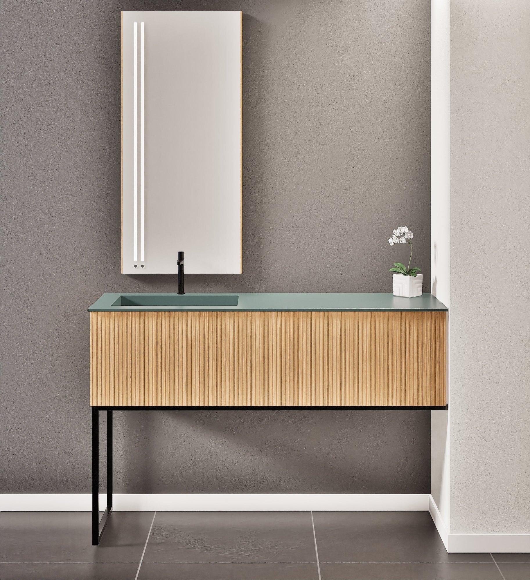 Fluvia – Corian® Countertop & Basin with 1 Drawer and Inner Pull-Out, Right Side Wall-Mounted with Support Legs - ROVALUX