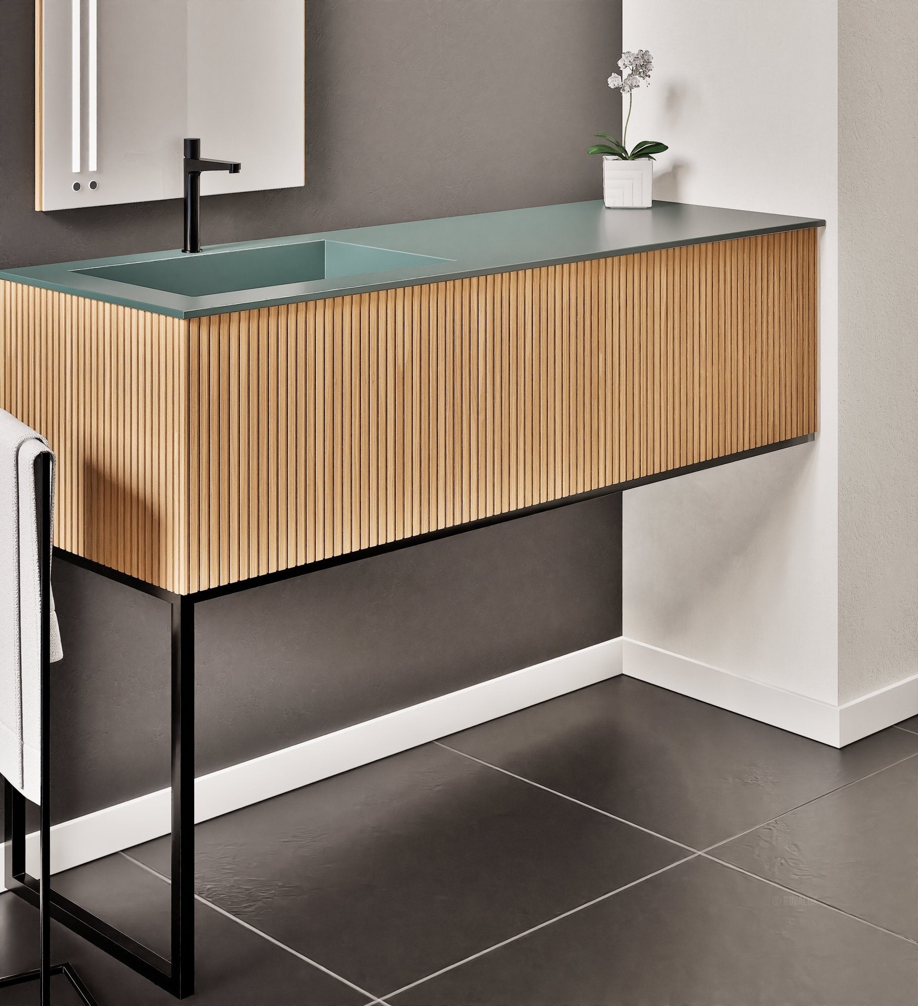 Fluvia – Corian® Countertop & Basin with 1 Drawer and Inner Pull-Out, Right Side Wall-Mounted with Support Legs - ROVALUX