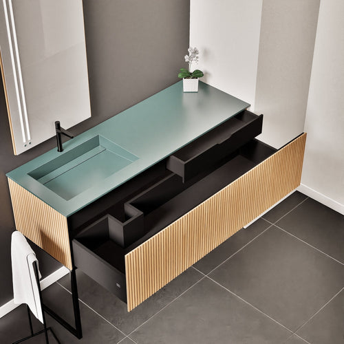 Fluvia – Corian® Countertop & Basin with 1 Drawer and Inner Pull-Out, Right Side Wall-Mounted with Support Legs - ROVALUX