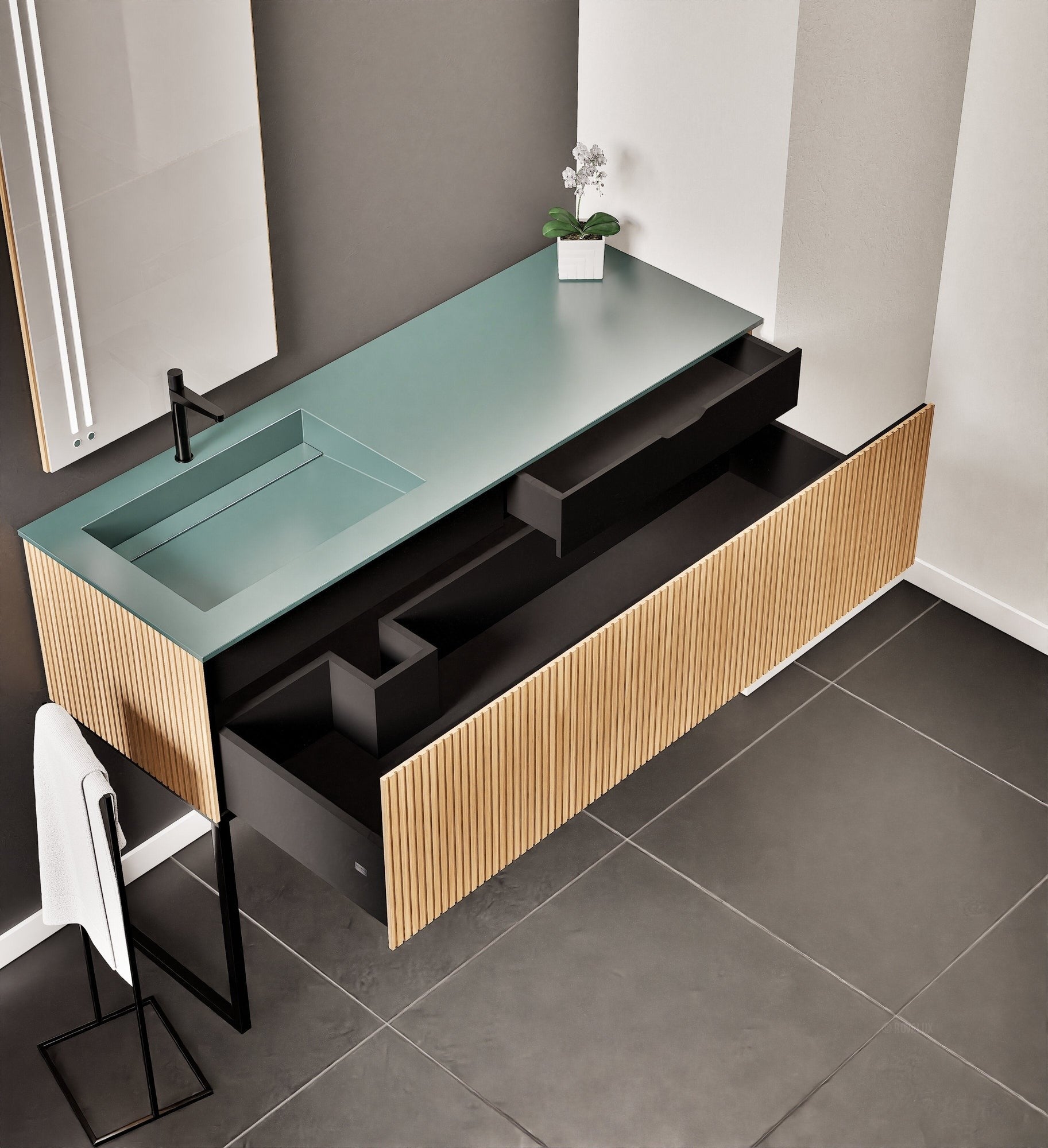 Fluvia – Corian® Countertop & Basin with 1 Drawer and Inner Pull-Out, Right Side Wall-Mounted with Support Legs - ROVALUX