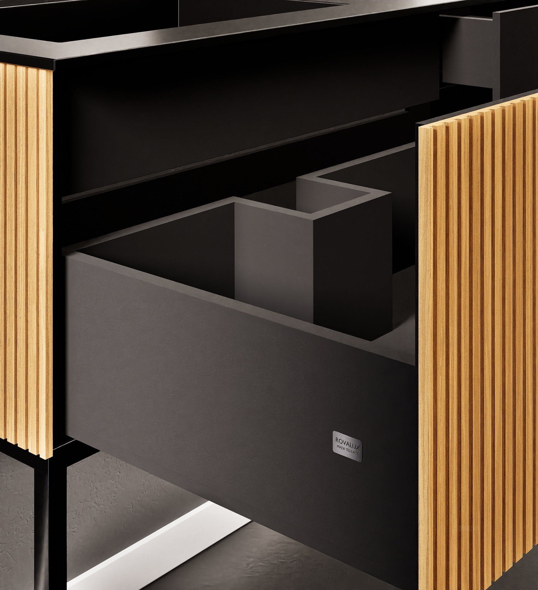 Fluvia – Corian® Countertop & Basin with 1 Drawer and Inner Pull-Out, Right Side Wall-Mounted with Support Legs - ROVALUX