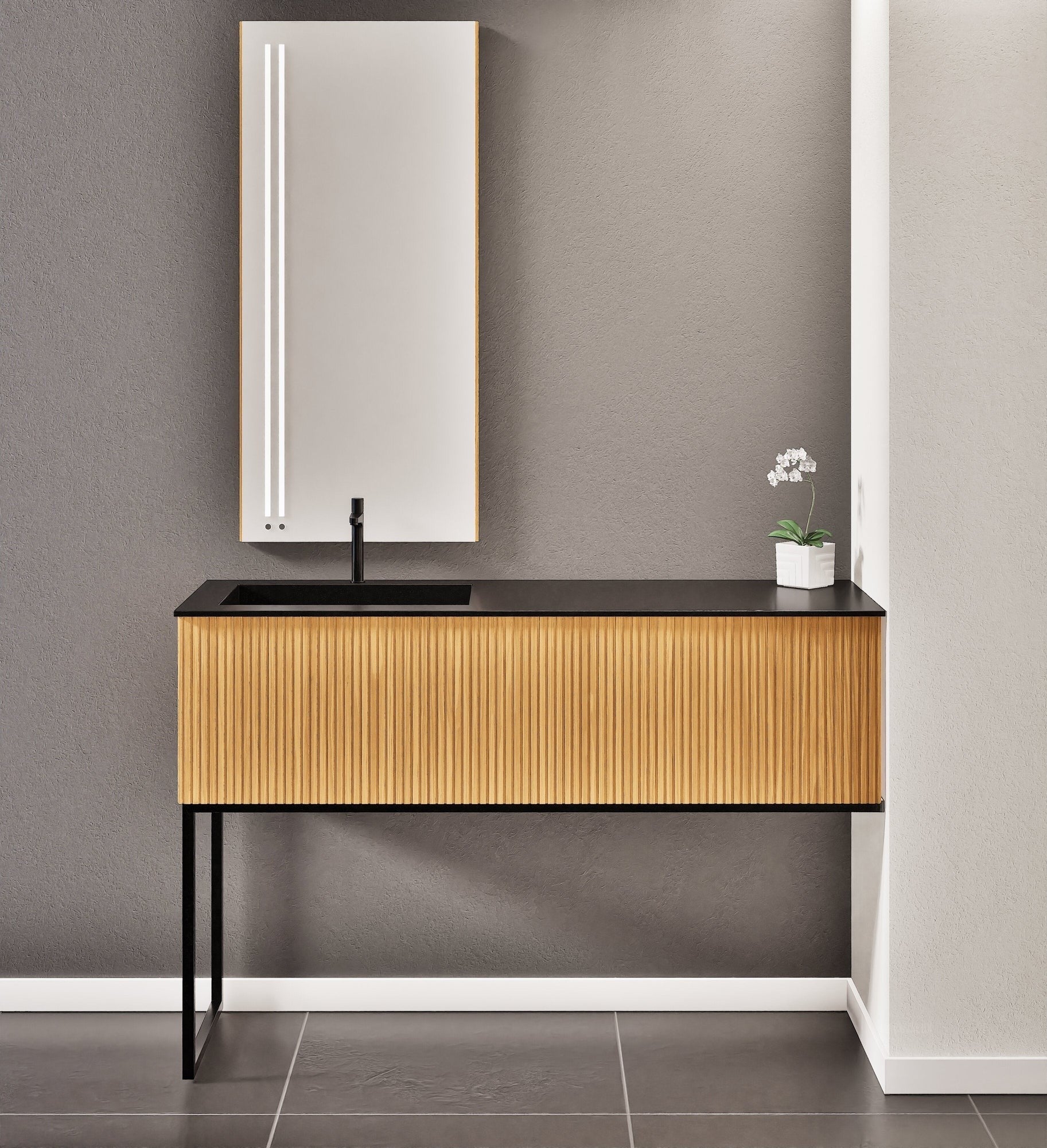Fluvia – Corian® Countertop & Basin with 1 Drawer and Inner Pull-Out, Right Side Wall-Mounted with Support Legs - ROVALUX