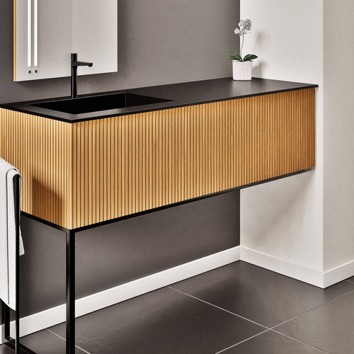 Fluvia – Corian® Countertop & Basin with 1 Drawer and Inner Pull-Out, Right Side Wall-Mounted with Support Legs - ROVALUX