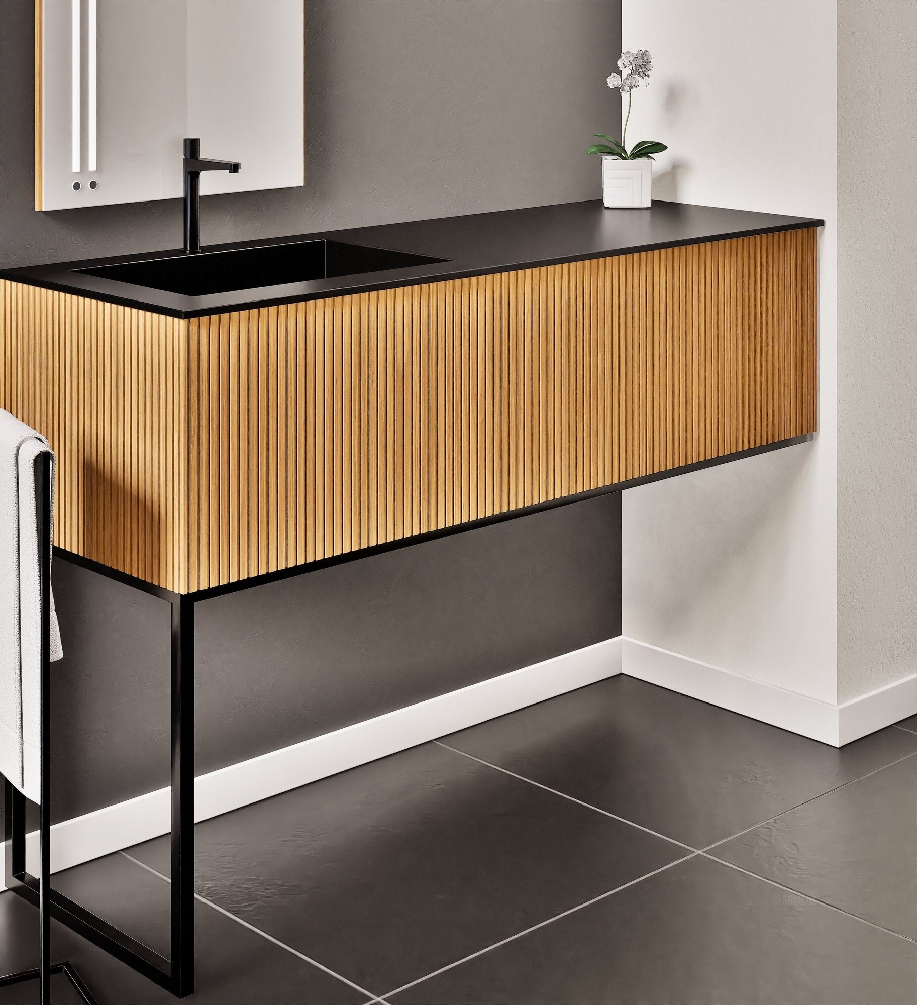 Fluvia – Corian® Countertop & Basin with 1 Drawer and Inner Pull-Out, Right Side Wall-Mounted with Support Legs - ROVALUX