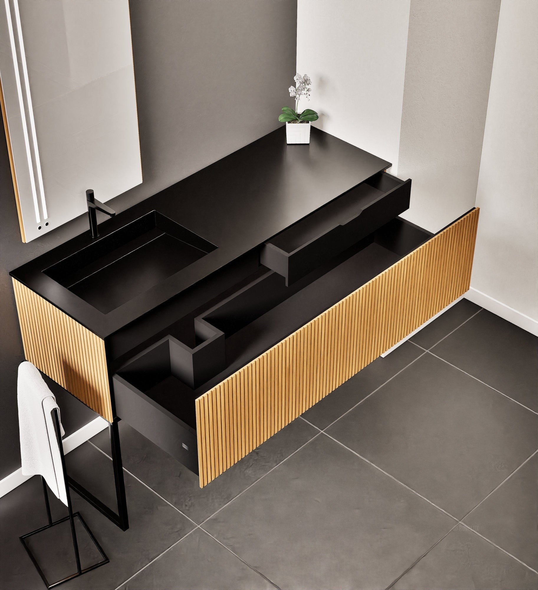 Fluvia – Corian® Countertop & Basin with 1 Drawer and Inner Pull-Out, Right Side Wall-Mounted with Support Legs - ROVALUX