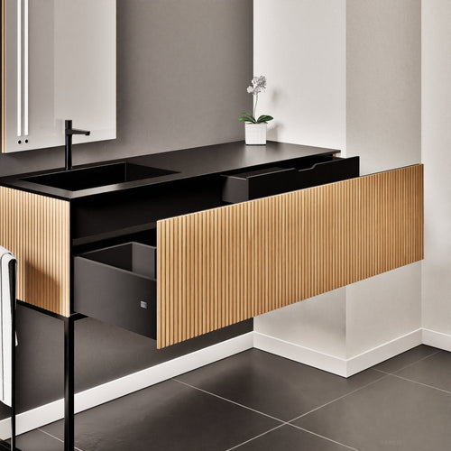 Fluvia – Corian® Countertop & Basin with 1 Drawer and Inner Pull-Out, Right Side Wall-Mounted with Support Legs - ROVALUX