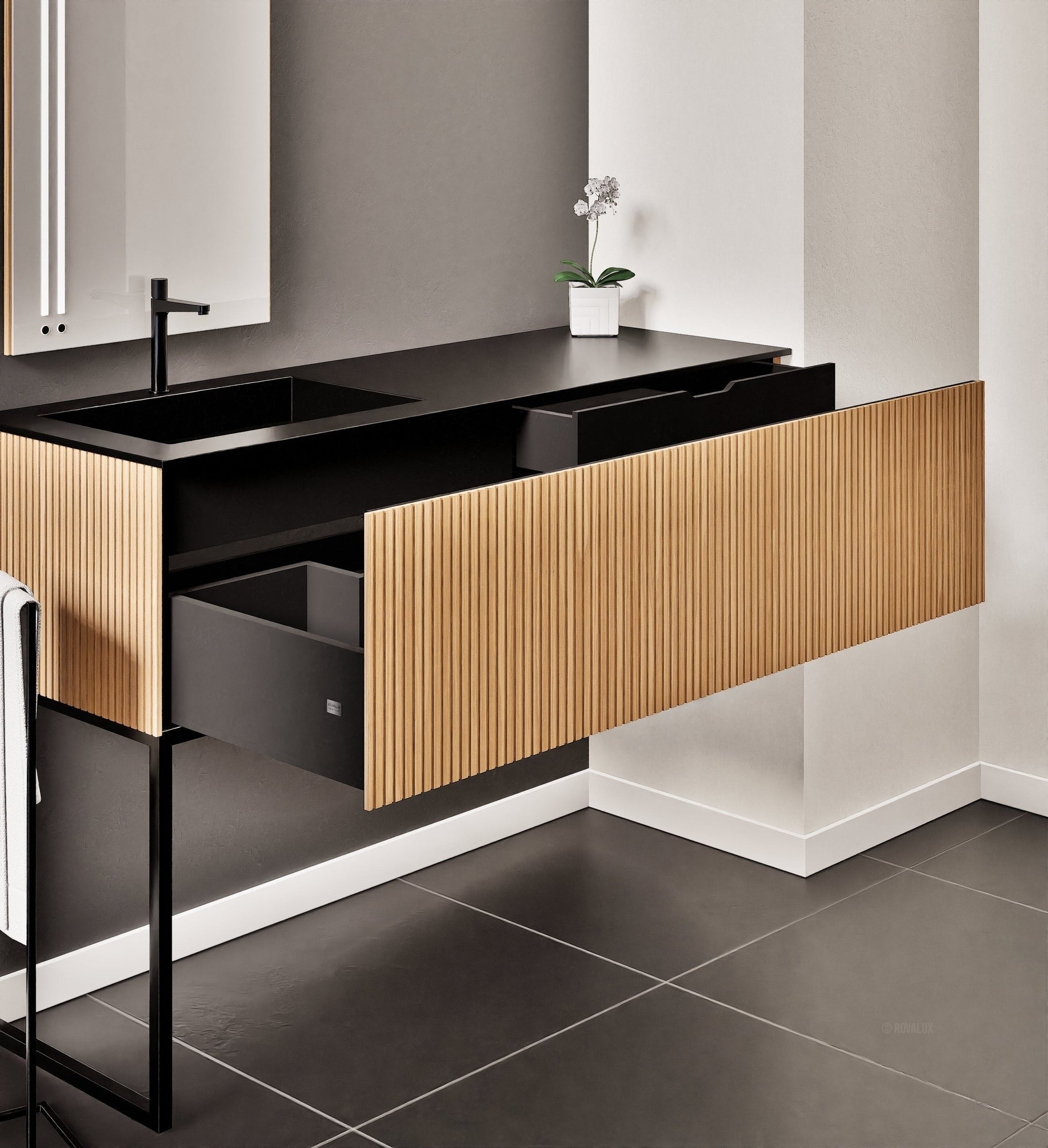 Fluvia – Corian® Countertop & Basin with 1 Drawer and Inner Pull-Out, Right Side Wall-Mounted with Support Legs - ROVALUX