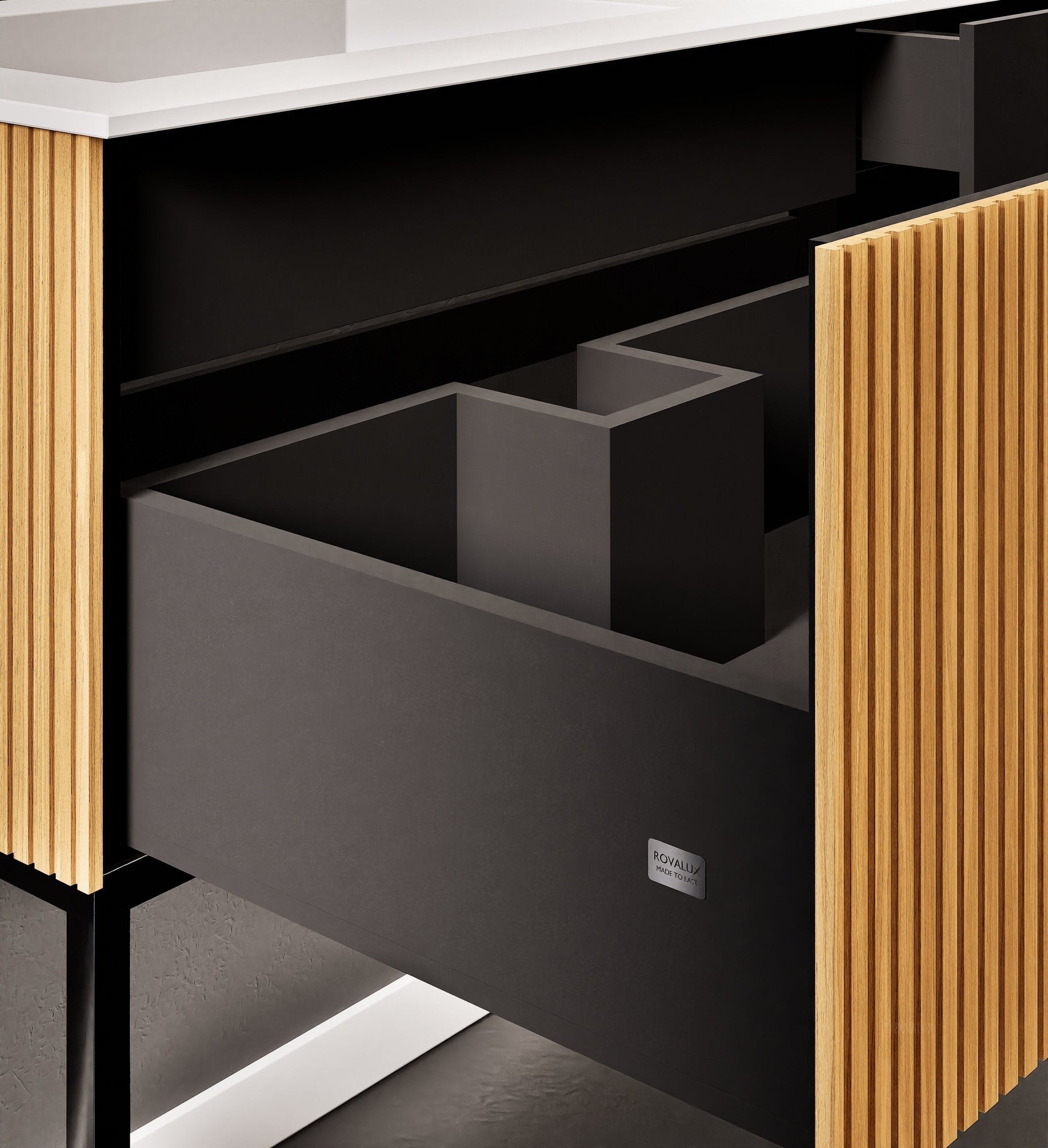 Fluvia – Corian® Countertop & Basin with 1 Drawer and Inner Pull-Out, Right Side Wall-Mounted with Support Legs - ROVALUX