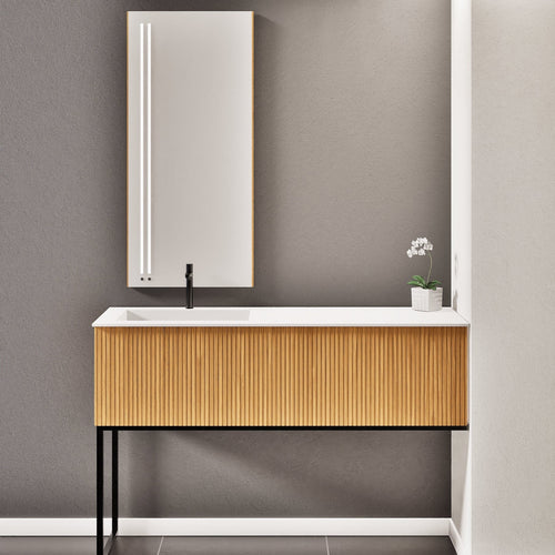Fluvia – Corian® Countertop & Basin with 1 Drawer and Inner Pull-Out, Right Side Wall-Mounted with Support Legs - ROVALUX