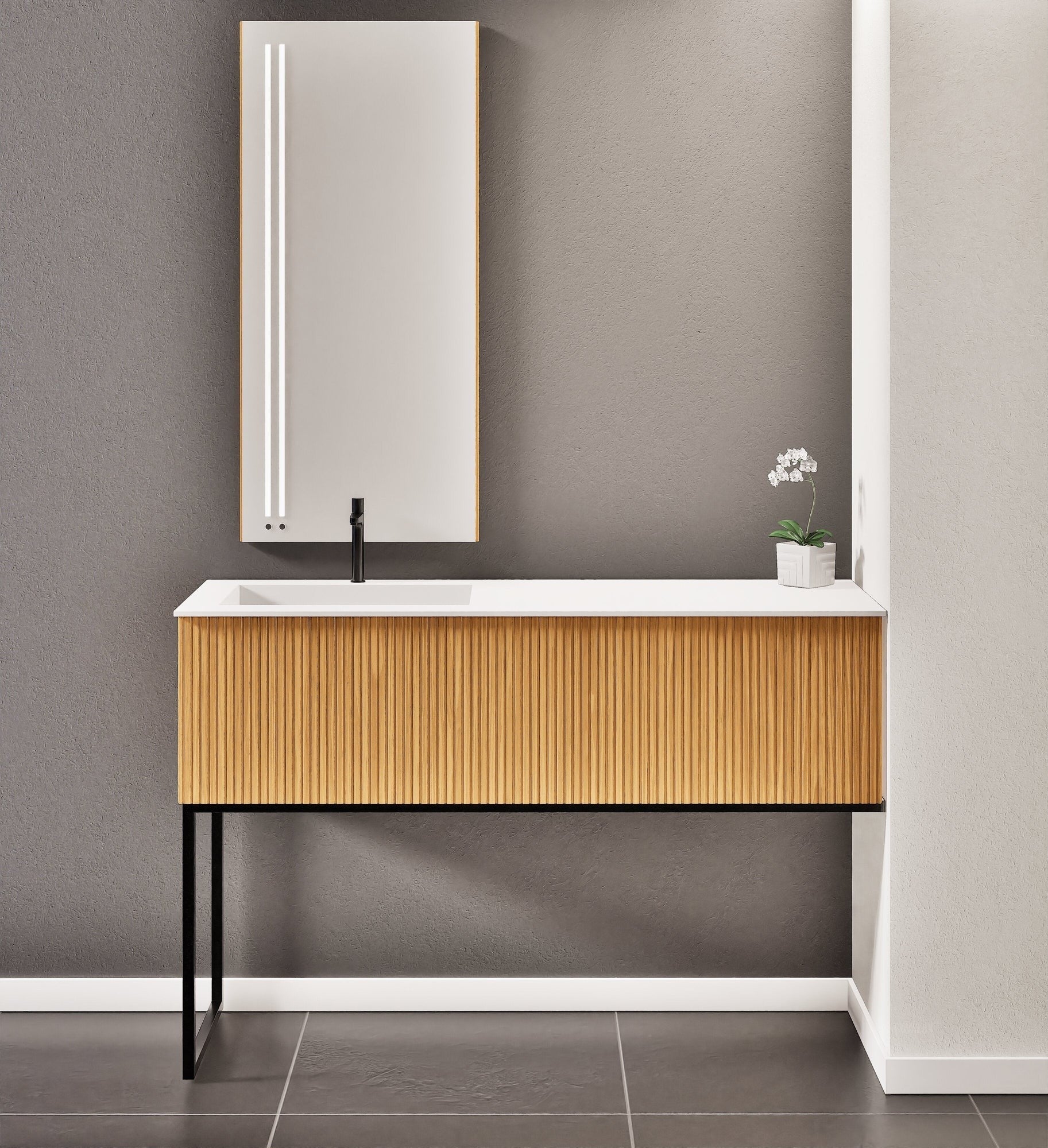 Fluvia – Corian® Countertop & Basin with 1 Drawer and Inner Pull-Out, Right Side Wall-Mounted with Support Legs - ROVALUX