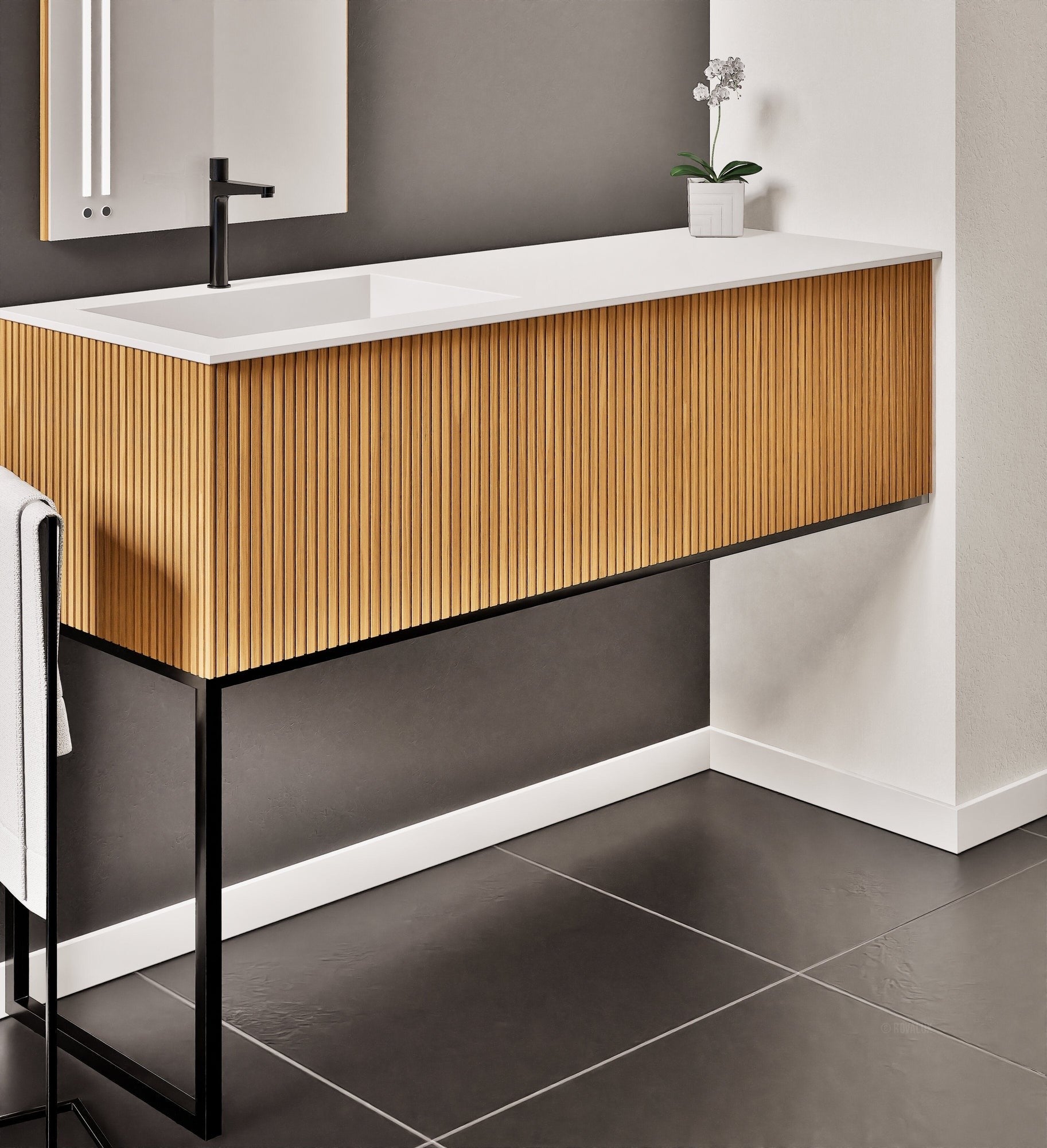 Fluvia – Corian® Countertop & Basin with 1 Drawer and Inner Pull-Out, Right Side Wall-Mounted with Support Legs - ROVALUX