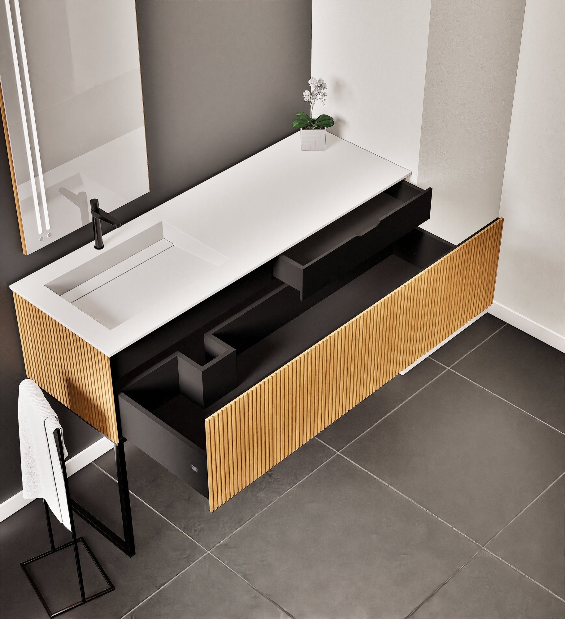 Fluvia – Corian® Countertop & Basin with 1 Drawer and Inner Pull-Out, Right Side Wall-Mounted with Support Legs - ROVALUX