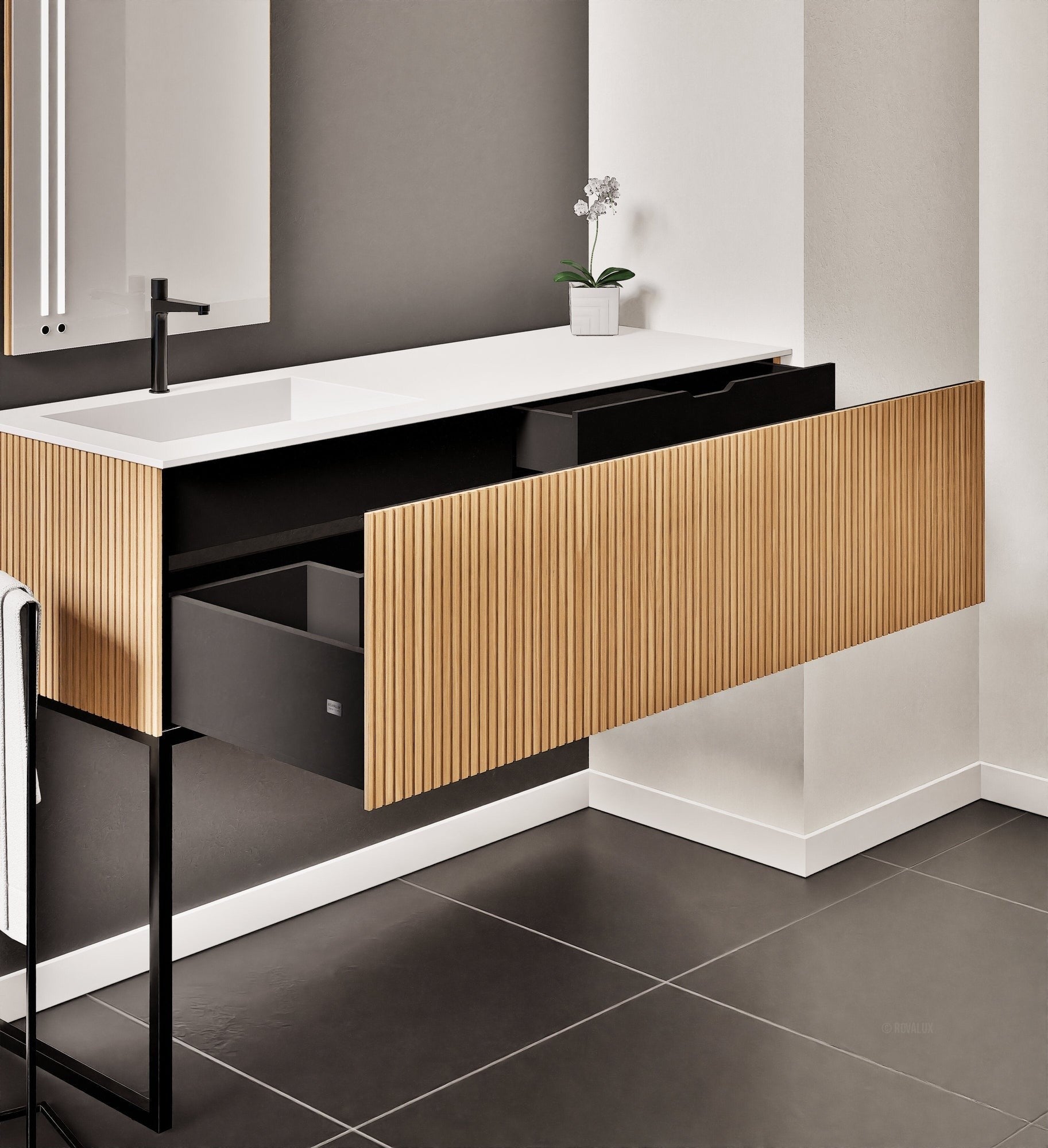 Fluvia – Corian® Countertop & Basin with 1 Drawer and Inner Pull-Out, Right Side Wall-Mounted with Support Legs - ROVALUX