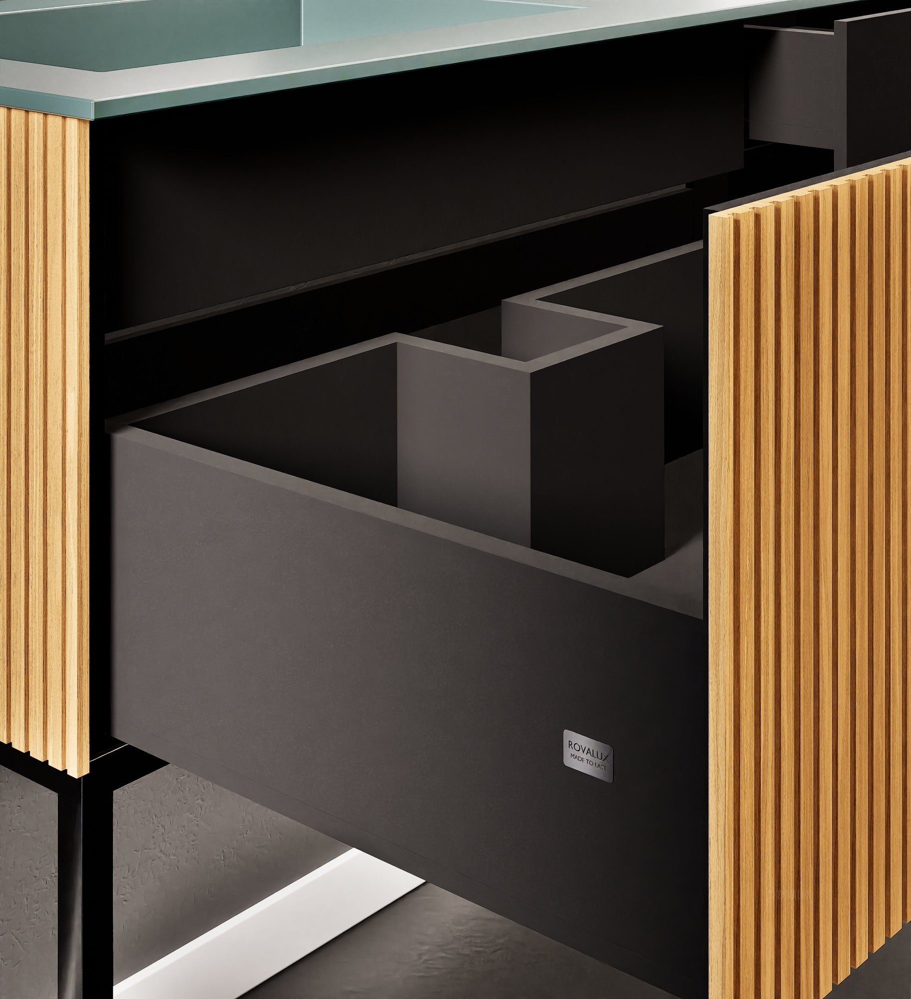 Fluvia – Corian® Countertop & Basin with 1 Drawer and Inner Pull-Out, Right Side Wall-Mounted with Support Legs - ROVALUX