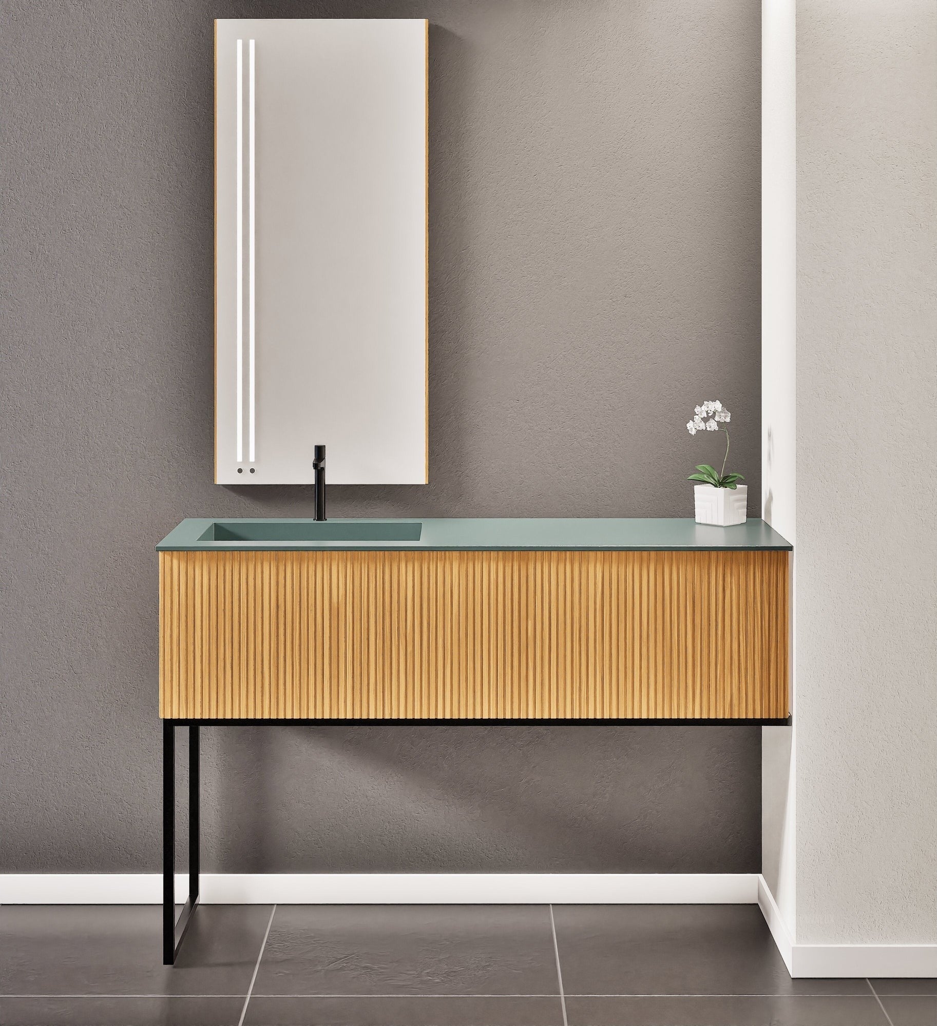 Fluvia – Corian® Countertop & Basin with 1 Drawer and Inner Pull-Out, Right Side Wall-Mounted with Support Legs - ROVALUX