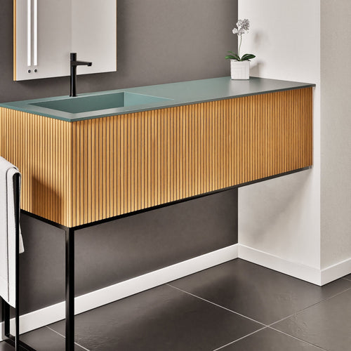 Fluvia – Corian® Countertop & Basin with 1 Drawer and Inner Pull-Out, Right Side Wall-Mounted with Support Legs - ROVALUX