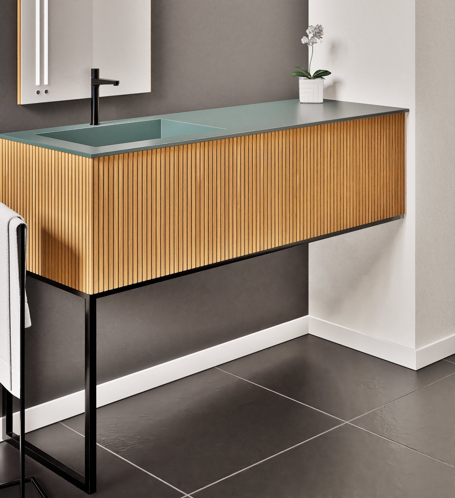 Fluvia – Corian® Countertop & Basin with 1 Drawer and Inner Pull-Out, Right Side Wall-Mounted with Support Legs - ROVALUX