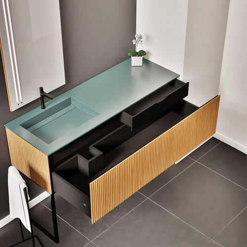 Fluvia – Corian® Countertop & Basin with 1 Drawer and Inner Pull-Out, Right Side Wall-Mounted with Support Legs - ROVALUX