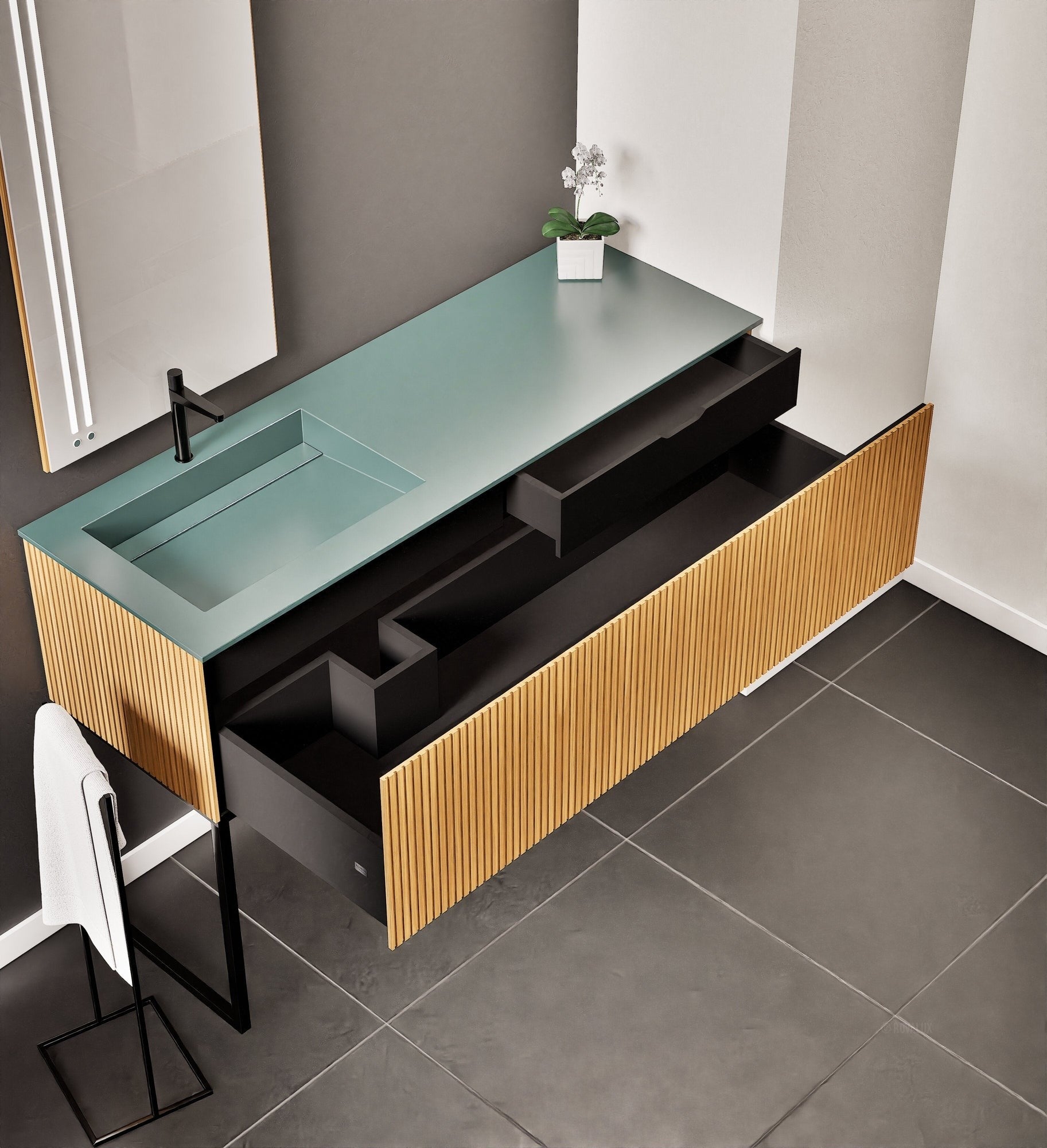 Fluvia – Corian® Countertop & Basin with 1 Drawer and Inner Pull-Out, Right Side Wall-Mounted with Support Legs - ROVALUX