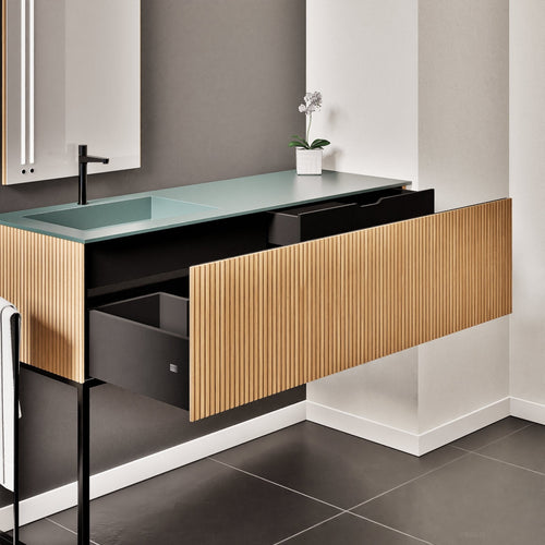 Fluvia – Corian® Countertop & Basin with 1 Drawer and Inner Pull-Out, Right Side Wall-Mounted with Support Legs - ROVALUX