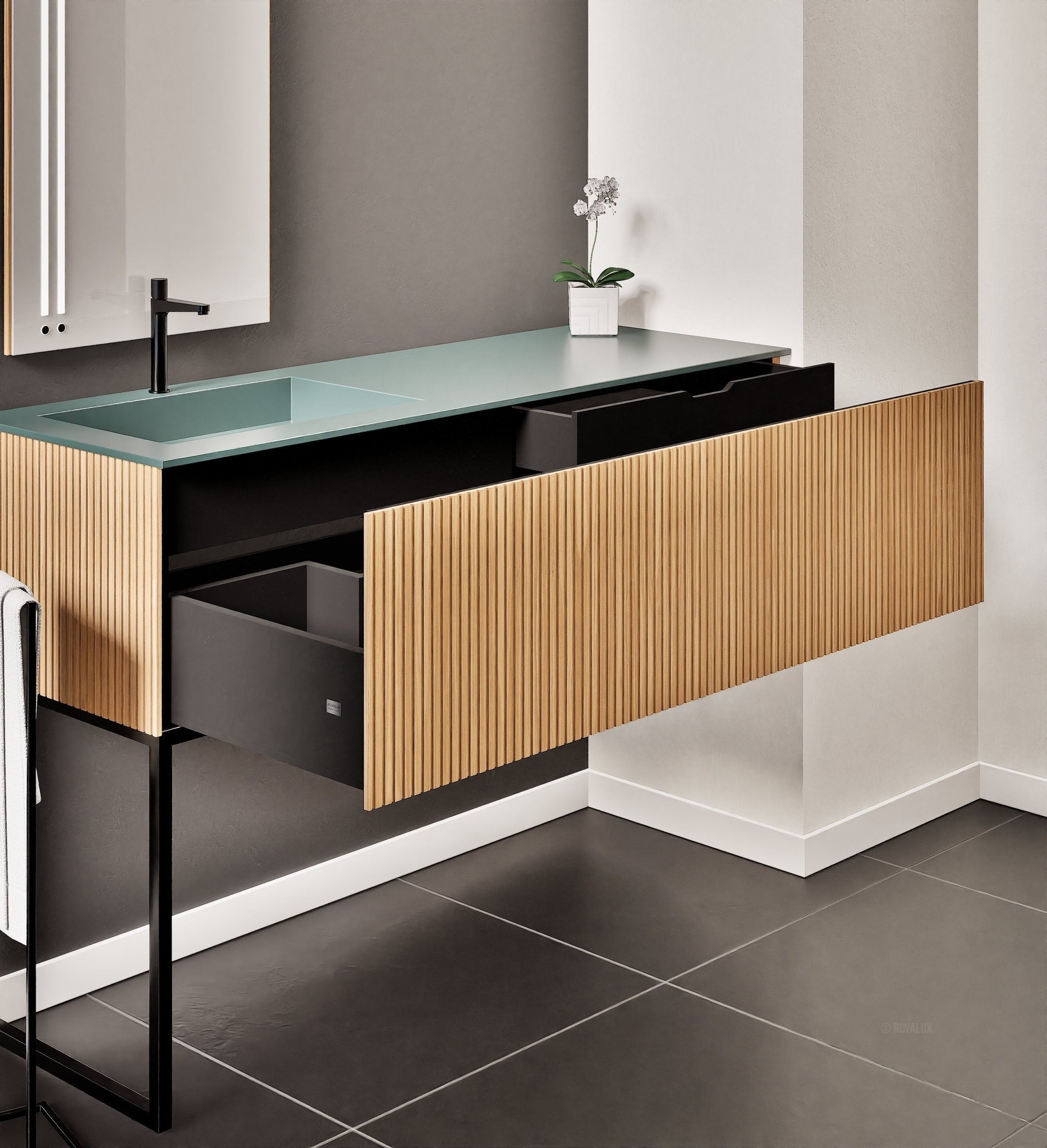 Fluvia – Corian® Countertop & Basin with 1 Drawer and Inner Pull-Out, Right Side Wall-Mounted with Support Legs - ROVALUX