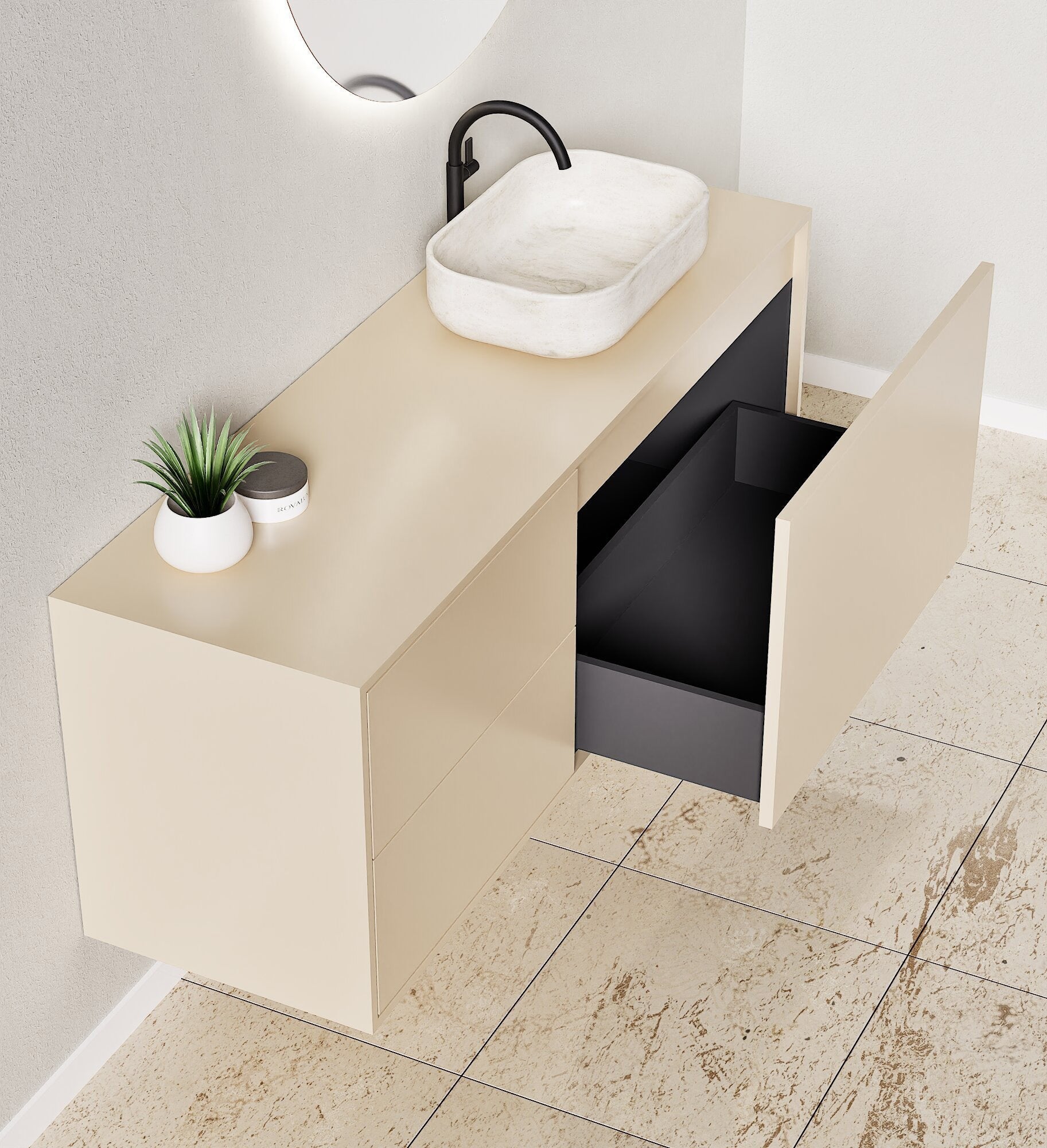 LINEA Frame - Top mounted single sink basin unit & 1 Drawer - 2 Stacked Side Drawers vanity unit - ROVALUX