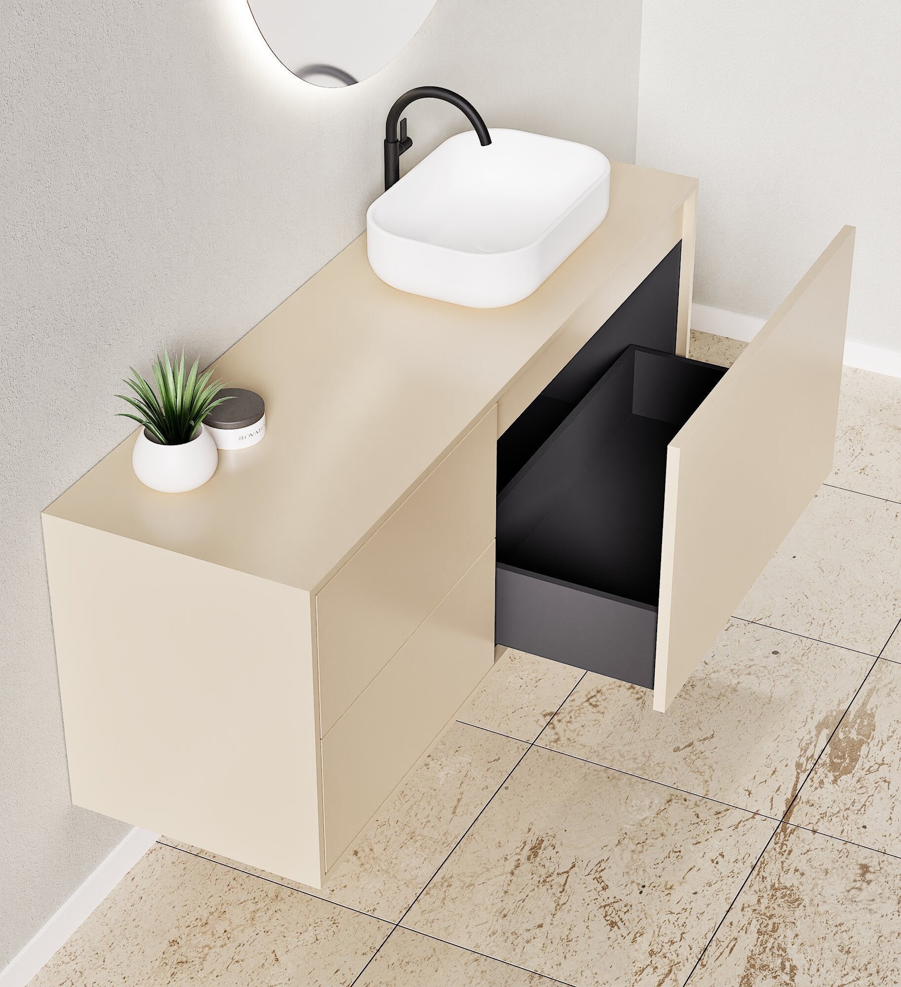 LINEA Frame - Top mounted single sink basin unit & 1 Drawer - 2 Stacked Side Drawers vanity unit - ROVALUX
