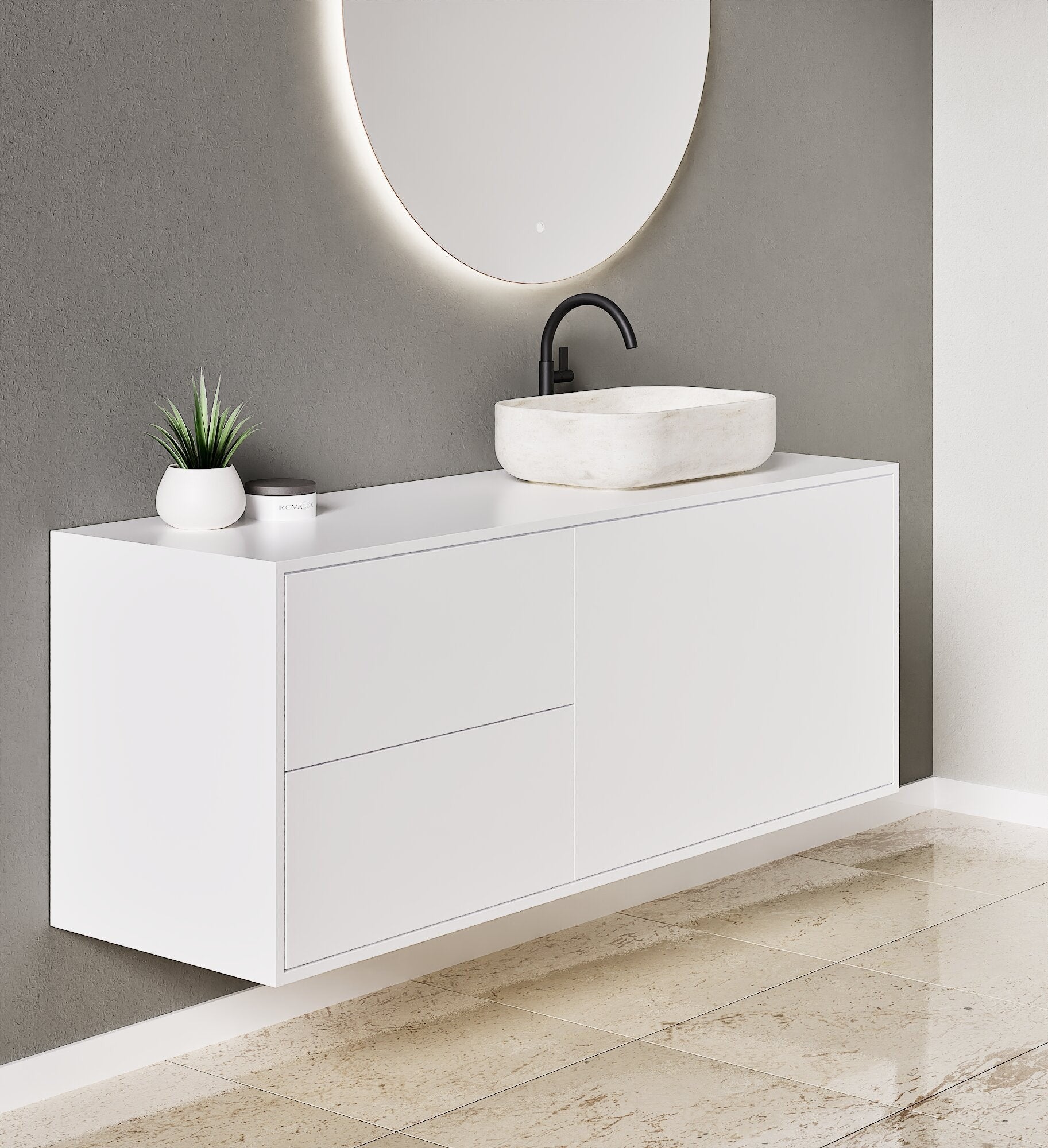 LINEA Frame - Top mounted single sink basin unit & 1 Drawer - 2 Stacked Side Drawers vanity unit - ROVALUX