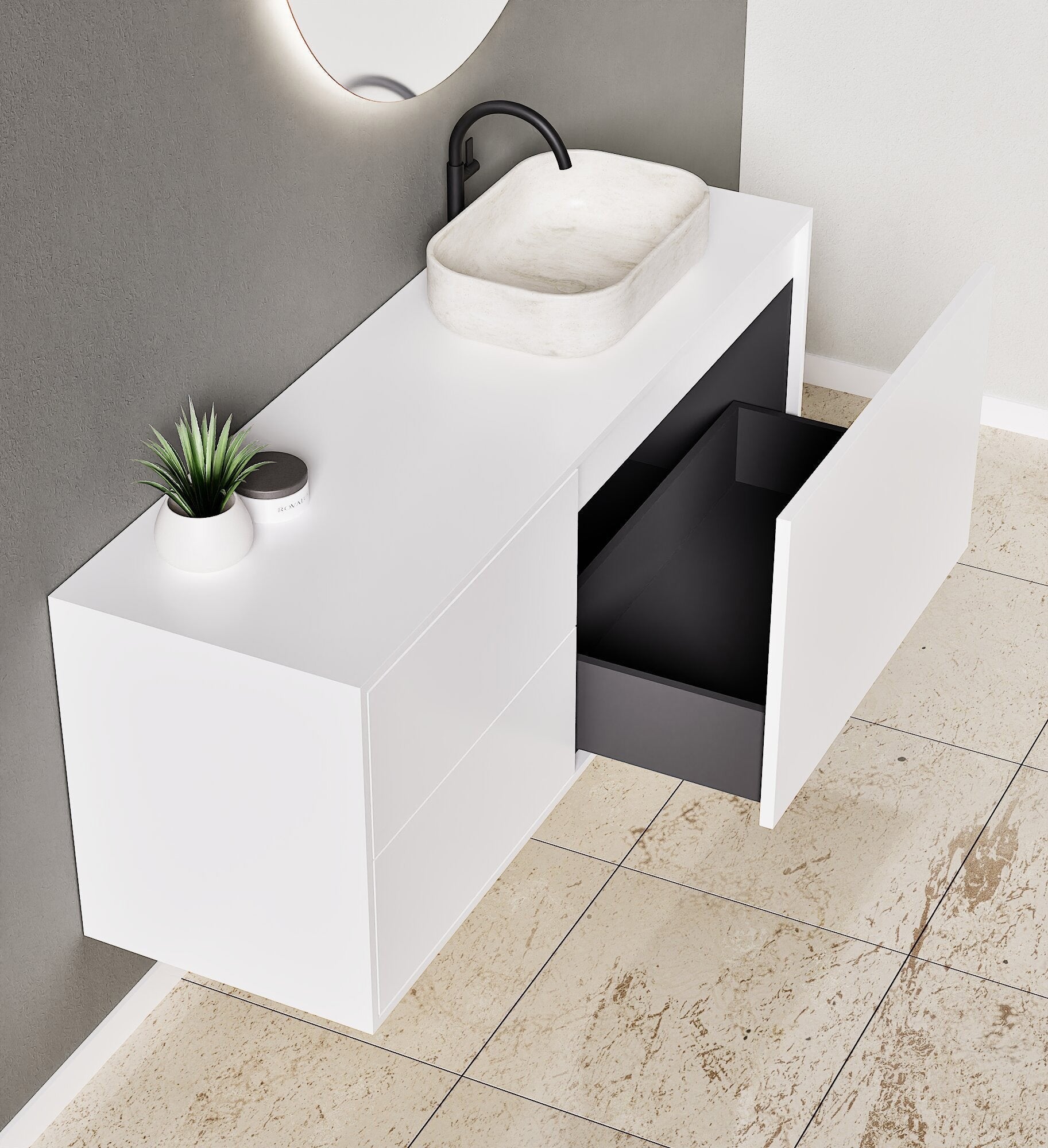LINEA Frame - Top mounted single sink basin unit & 1 Drawer - 2 Stacked Side Drawers vanity unit - ROVALUX
