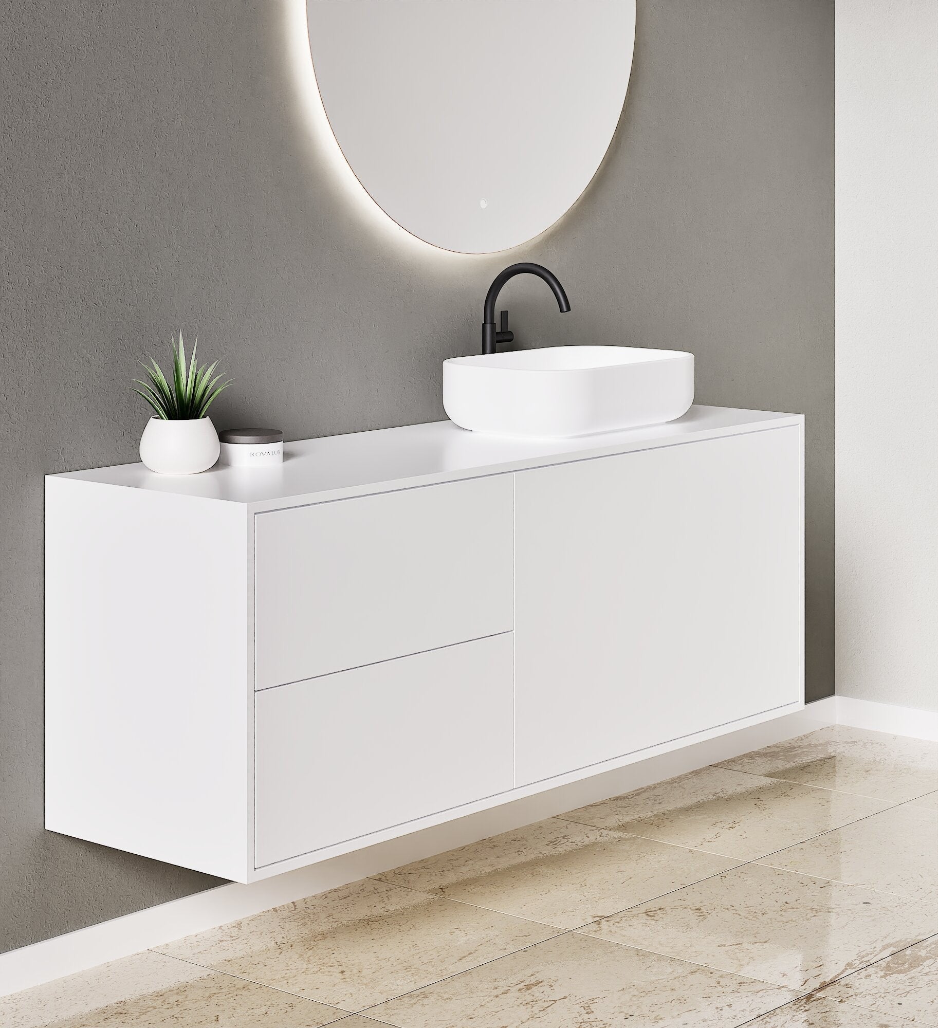 LINEA Frame - Top mounted single sink basin unit & 1 Drawer - 2 Stacked Side Drawers vanity unit - ROVALUX